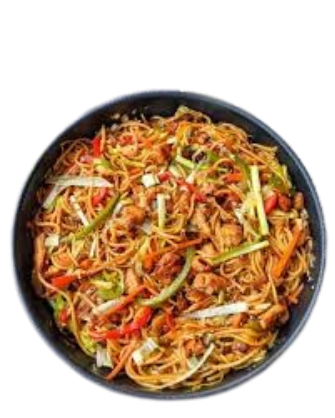 Gebratene Nudeln mit Hühnerfleisch, Bambus, Paprika